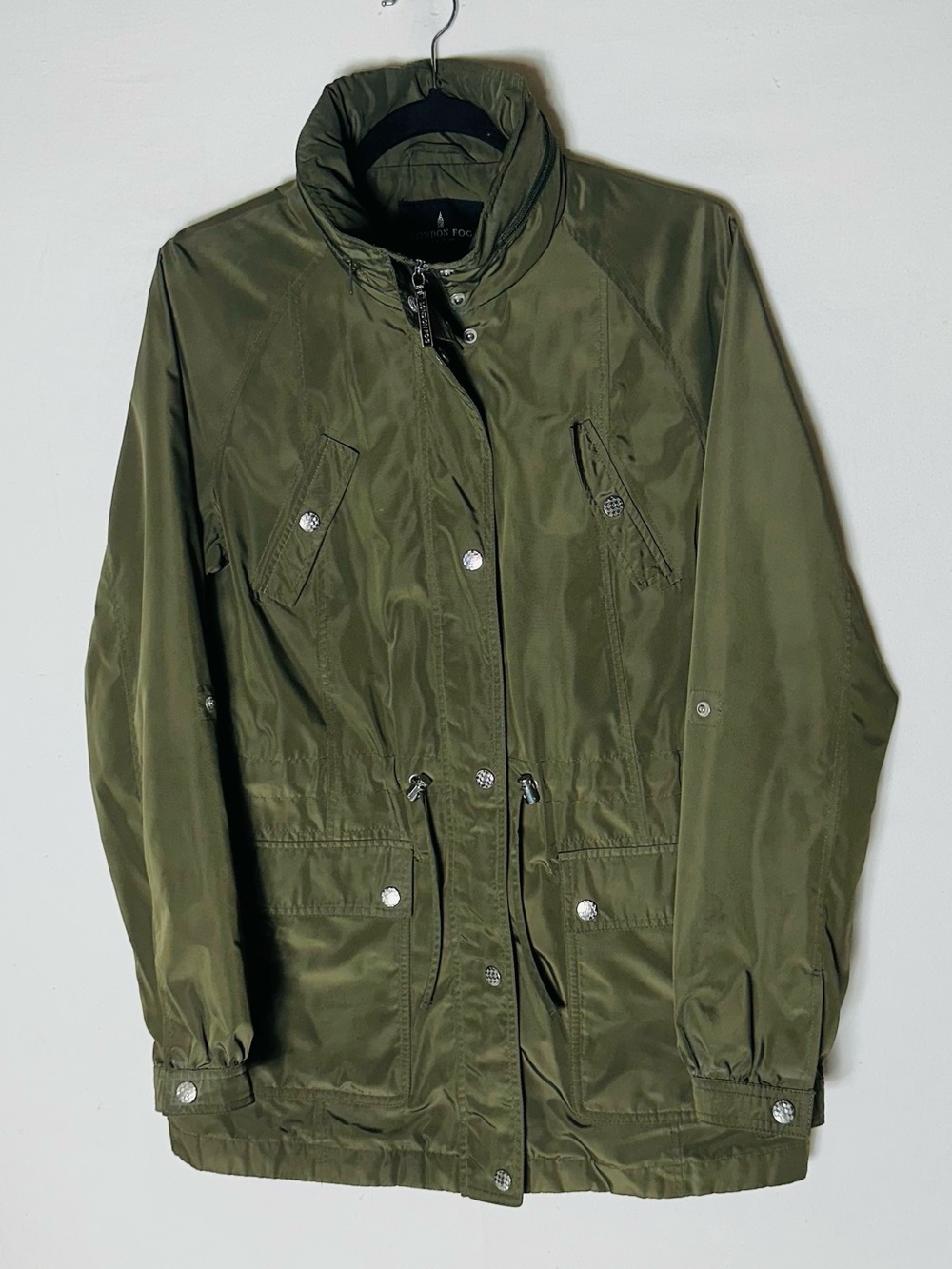 London Fog Army Green Field Coat M Full Zip Snap Hidden Hood Safari Urban Casual